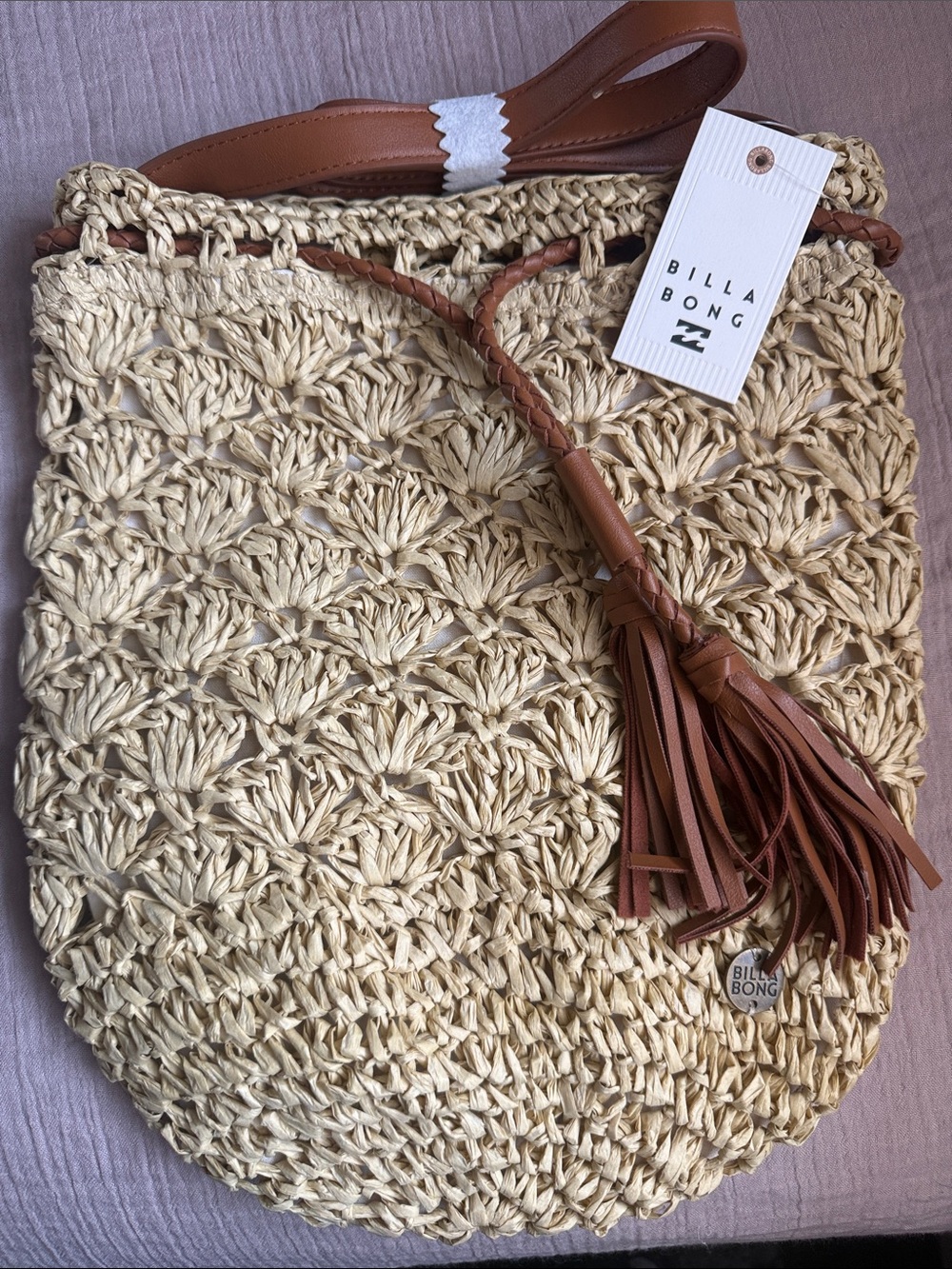 Billabong Beige Woven Shoulder Bag with Brown Tassel